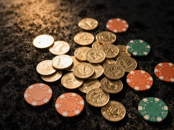 Goldm&uuml;nzen und orange Casino-Chips auf dunklem Samt mit warmem Spotlicht