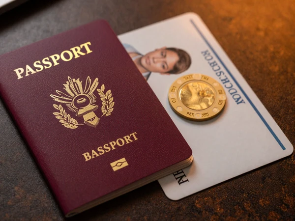 Reisepass und Ausweis neben einer goldenen Casino-Chip auf dunklem Schreibtisch im orangen Licht