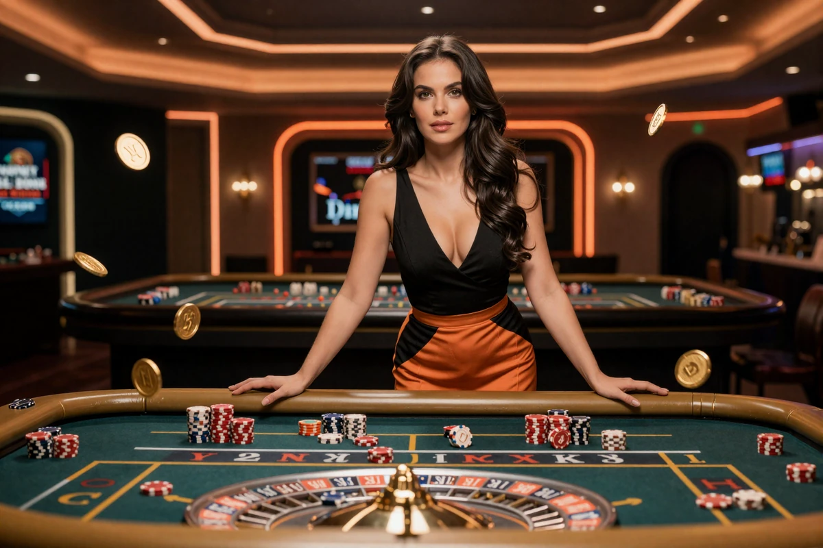 Model in schwarz-orangem Abendkleid am goldenen Roulettetisch im VIP-Casino mit fliegenden Goldm&uuml;nzen