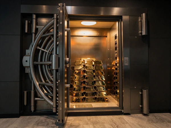 Ge&ouml;ffneter Banktresor mit sichtbaren Goldbarren im dramatischen orangen Licht