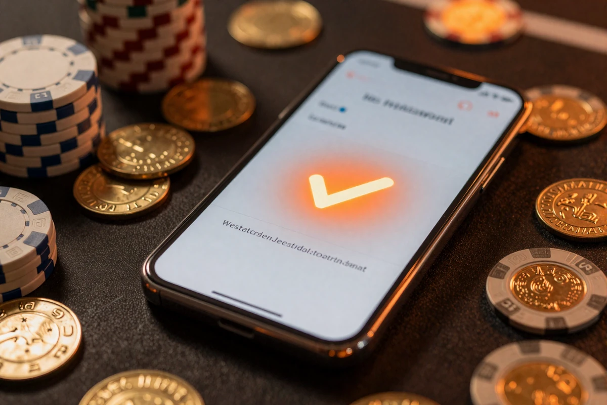 Smartphone mit Zahlungsbest&auml;tigung und goldenen Casino-Chips auf dunkler reflektierender Oberfl&auml;che
