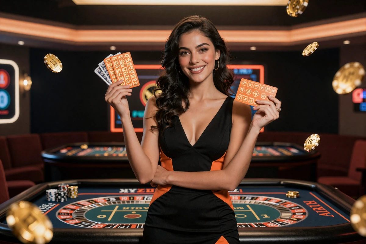 Model in schwarzem Abendkleid mit goldenen Casino-Chips und gl&uuml;hender Bonus-Karte im dunklen VIP-Casino-Lounge