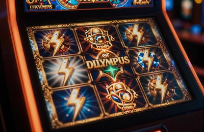Gl&uuml;hender Slot-Automaten-Bildschirm mit Gates of Olympus Symbolen und goldenem Licht