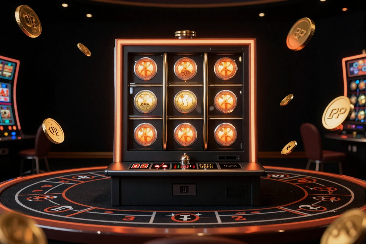 Gl&uuml;hende Slot-Automaten mit orange-goldenen Symbolen auf dunklem Casinoboden mit fliegenden Goldm&uuml;nzen