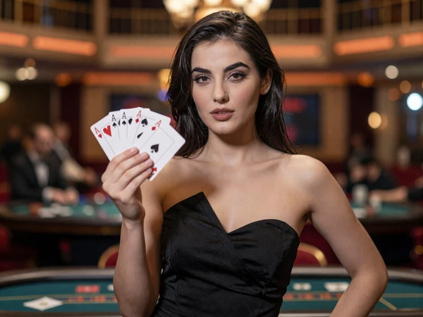 Selbstbewusste Frau mit Spielkarten in der Hand vor Casino-Innenraum mit Bokeh-Hintergrund