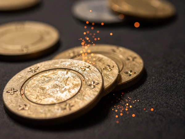 Goldene Casino-Chips mit magischen orangefarbenen und goldenen Funken auf dunklem Hintergrund, Makroaufnahme