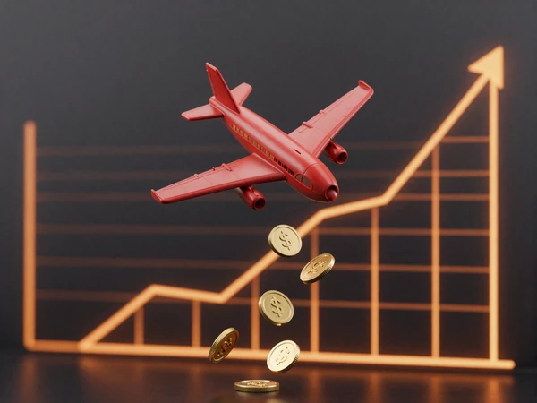 Rotes Flugzeug steigt &uuml;ber Multiplikator-Kurve mit fallenden Goldm&uuml;nzen auf dunklem Hintergrund